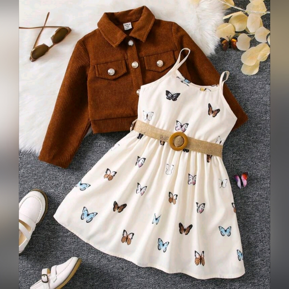 Girls' Lightweight Corduroy Jacket & Belted Butterfly Print Cami Dress (Size 7)